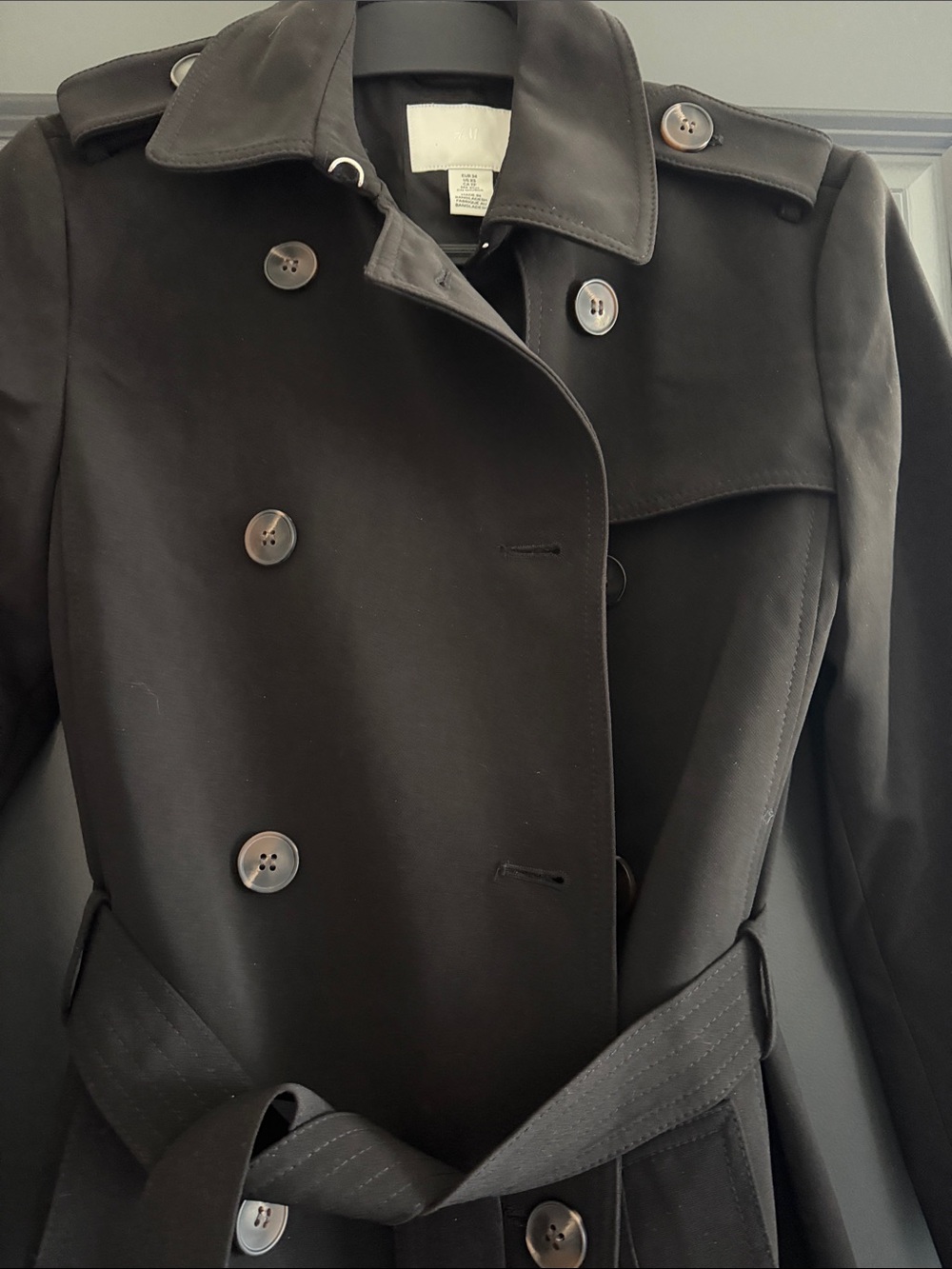 NWOT H&M Black Double-Breasted Trench Coat with Belt - Picture 3 of 5